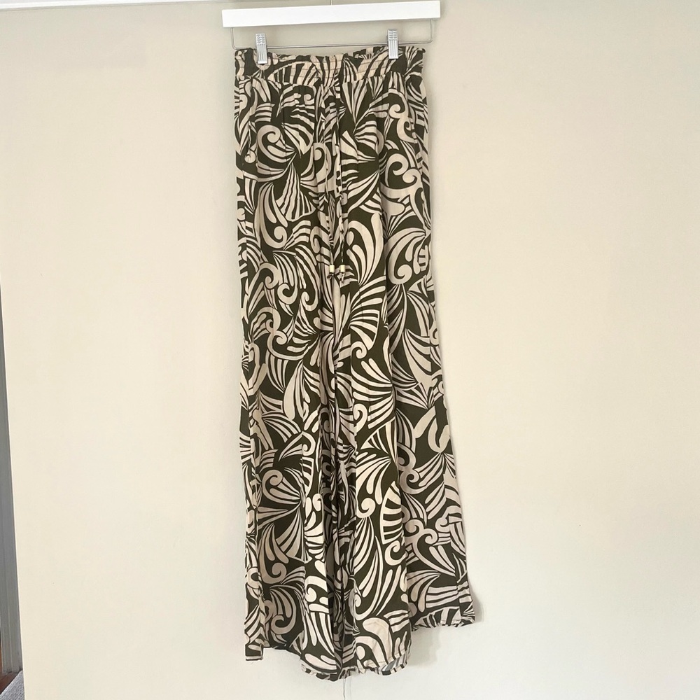 Wide Leg Olive Green and Cream Patterned Pants